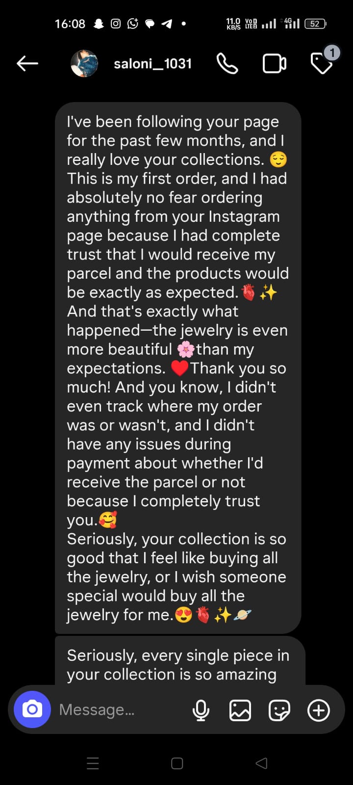Customer review - first order, jewellery arrived even better than expected